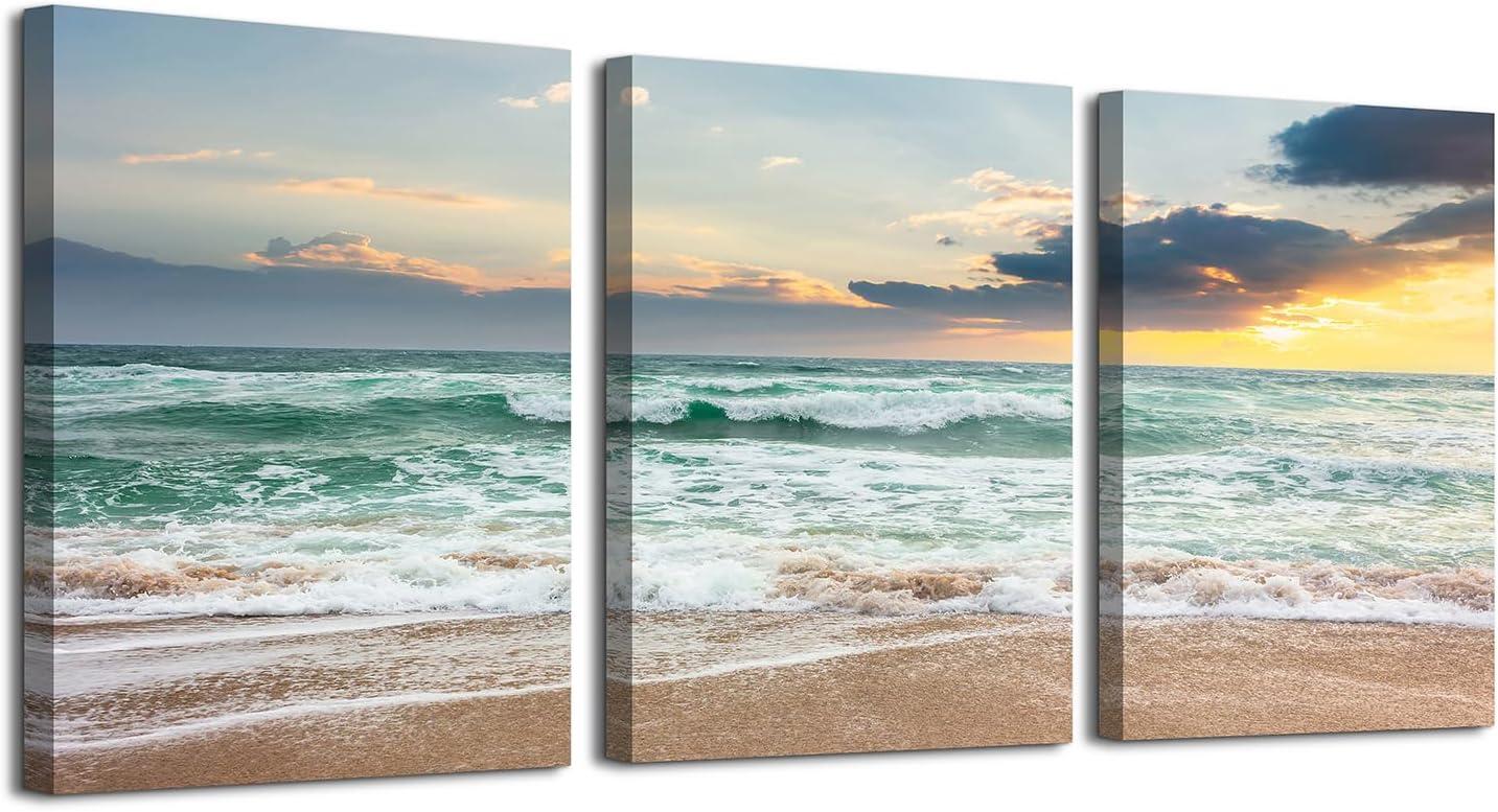 Asdg12s-3 Panel Wall Art Blue Sea Sunset White Beach Painting The Picture Print On Canvas Seascape The Pictures for Home Decor Decoration,Ready to Hang