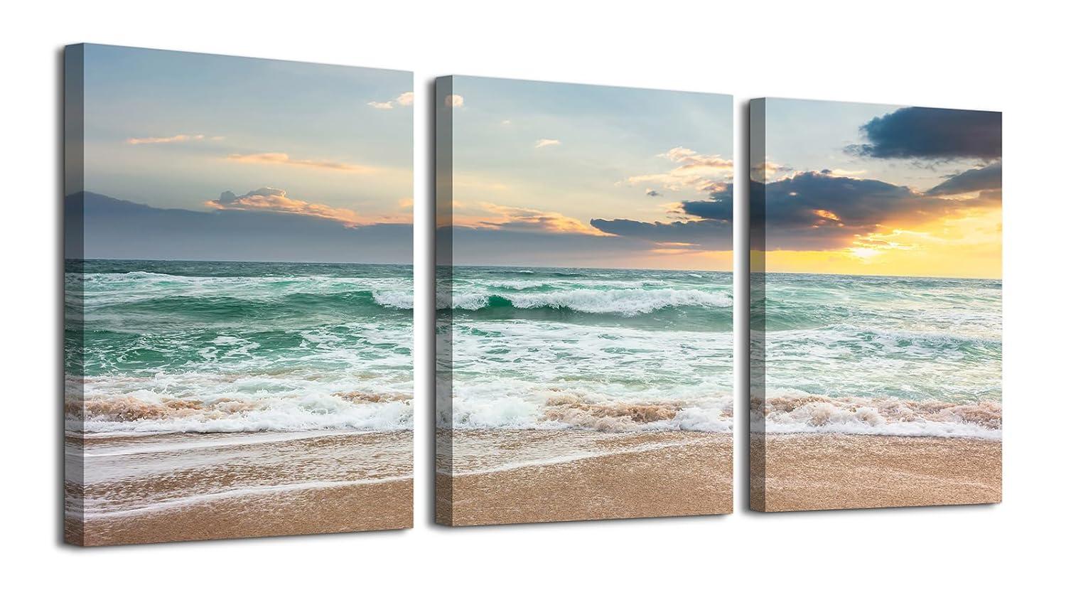 Asdg12s-3 Panel Wall Art Blue Sea Sunset White Beach Painting The Picture Print On Canvas Seascape The Pictures for Home Decor Decoration,Ready to Hang