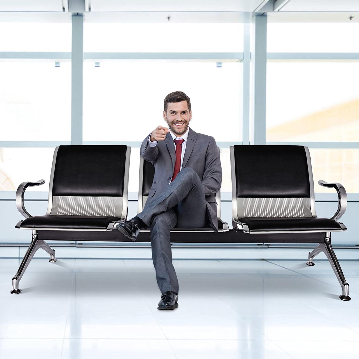 Kinbor Waiting Room Chairs, 3-Seat Reception Chairs Office Guest Waiting Furniture Bench Seating for Airport Bank Hospital, Black