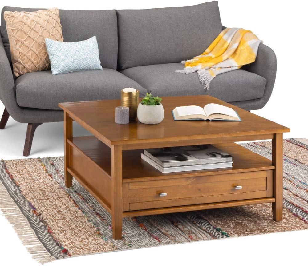 Simpli Home Warm Shaker 36"W Solid Wood Square Coffee Table with Two Drawers and Open Shelf