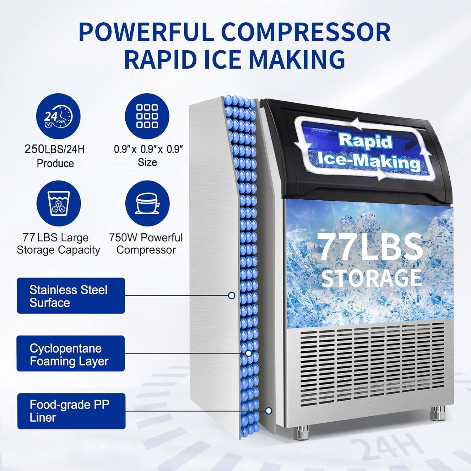 Stainless Steel 250 lb. Commercial Undercounter Ice Maker with 77 lb. Storage