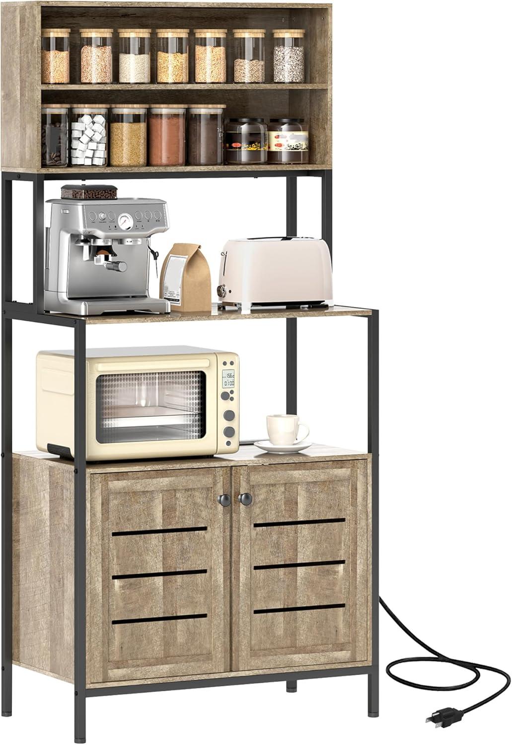 17 Stories Kitchen Bakers Rack With Power Outlet, Coffee Bar Cabinet With Storage Shelves, Microwave Stand With Louvred Door Cabinets