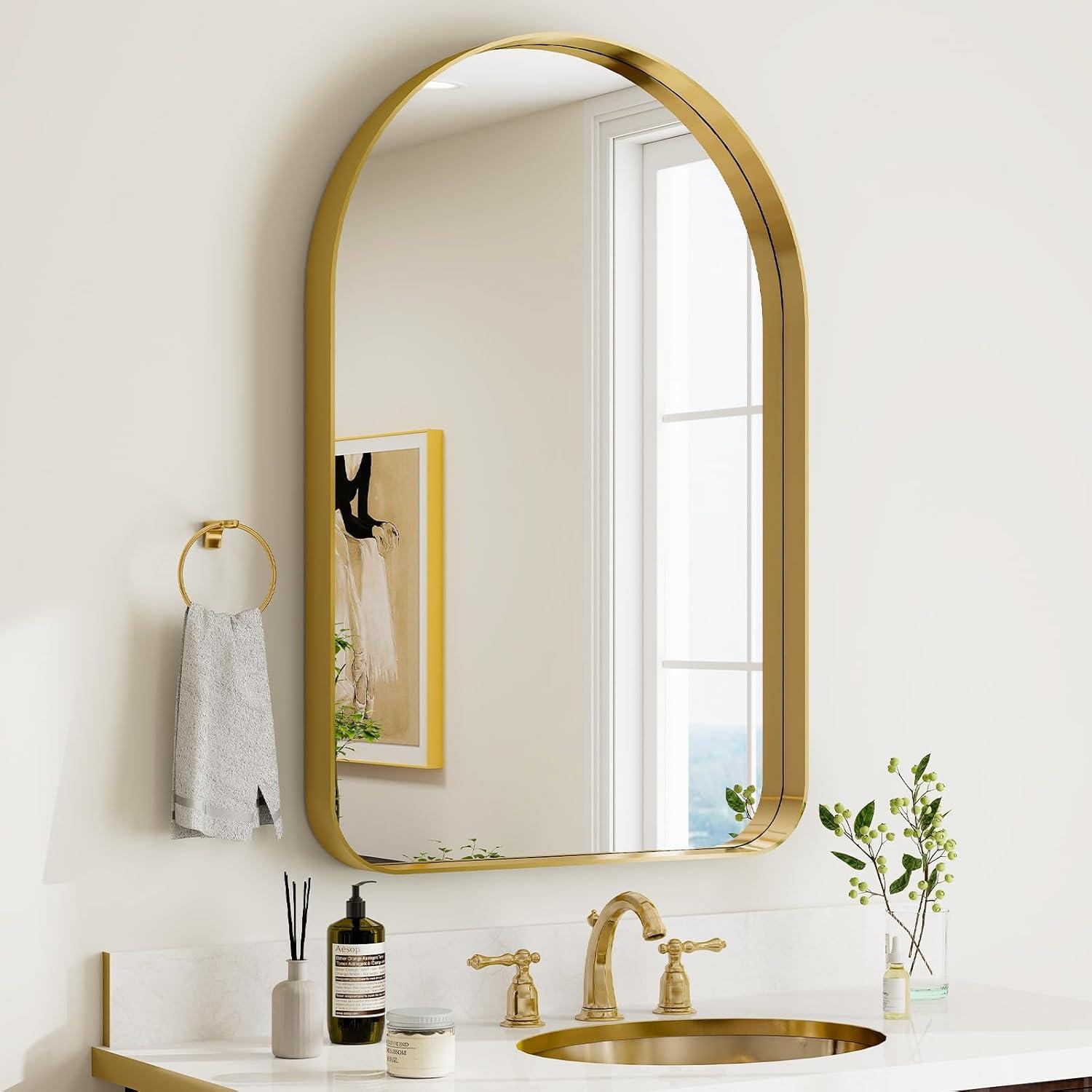 Wall Mounted Mirror, XXZH Arch Bathroom Mirror, Black Vanity Wall Mirror w/Metal Frame for Bedroom, Entryway, Living Room