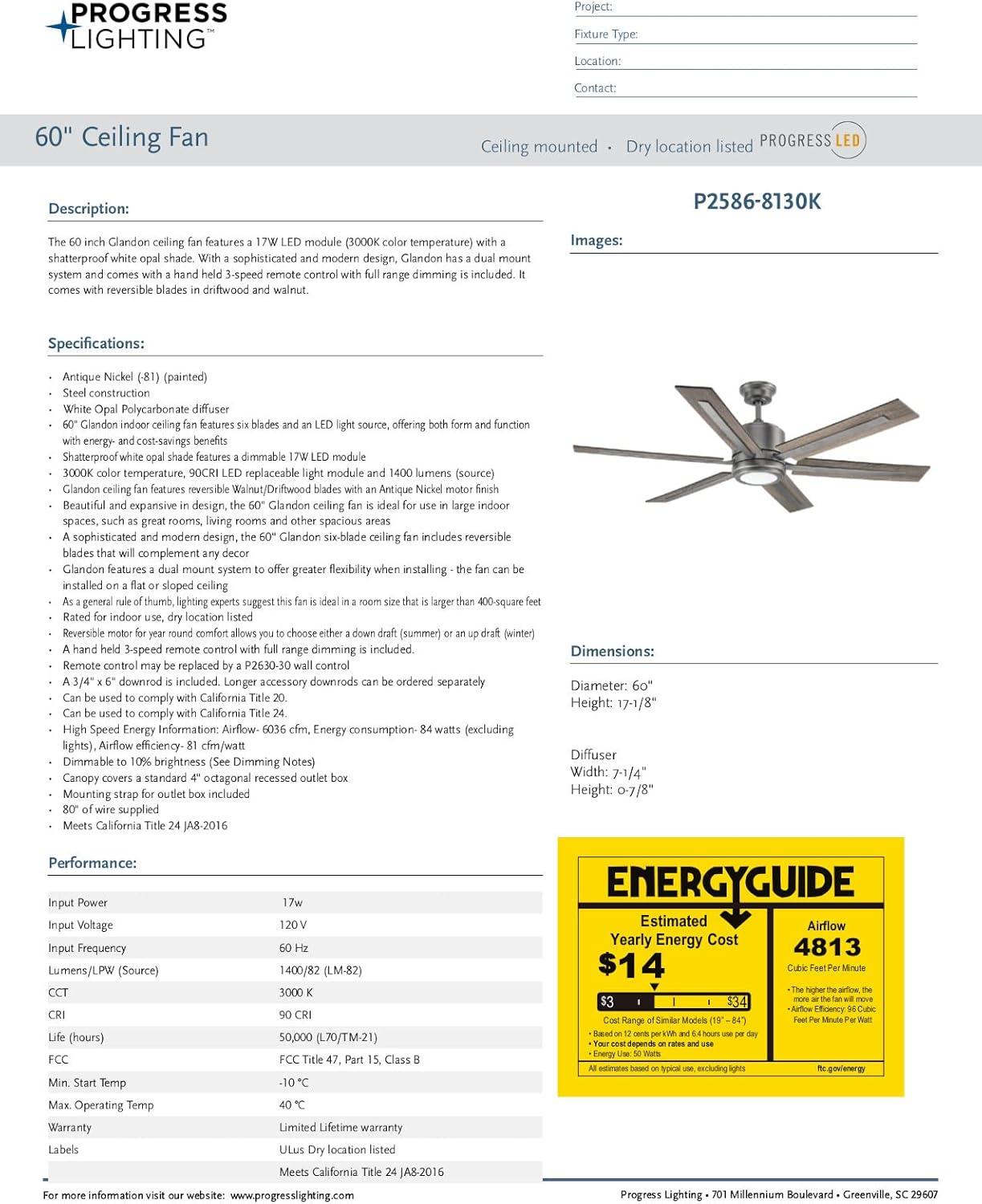 Progress Lighting Glandon 60 Glandon 60" 6 Blade Indoor Ceiling Fan - Nickel