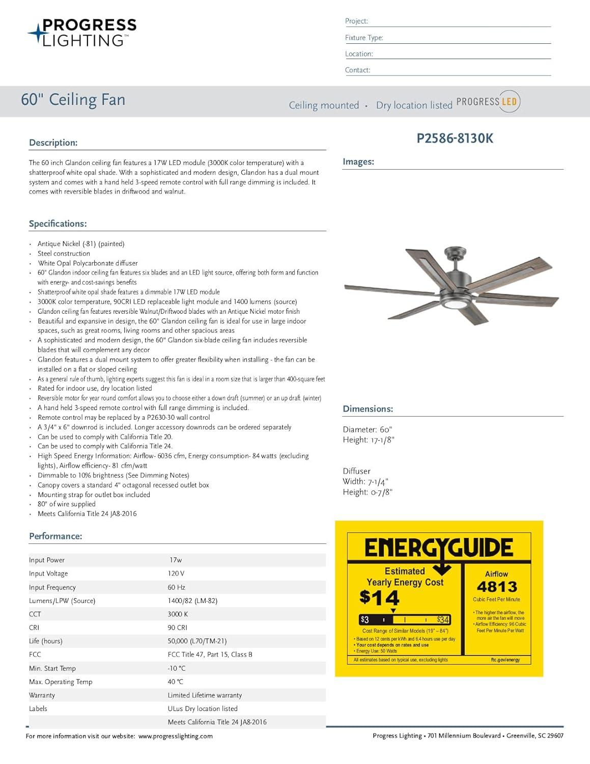 P2586-8130K-Progress Lighting-Glandon - Wide - Ceiling Fan - 1 Light - Handheld Remote in Transitional style - 60 Inches wide by 17.13 Inches