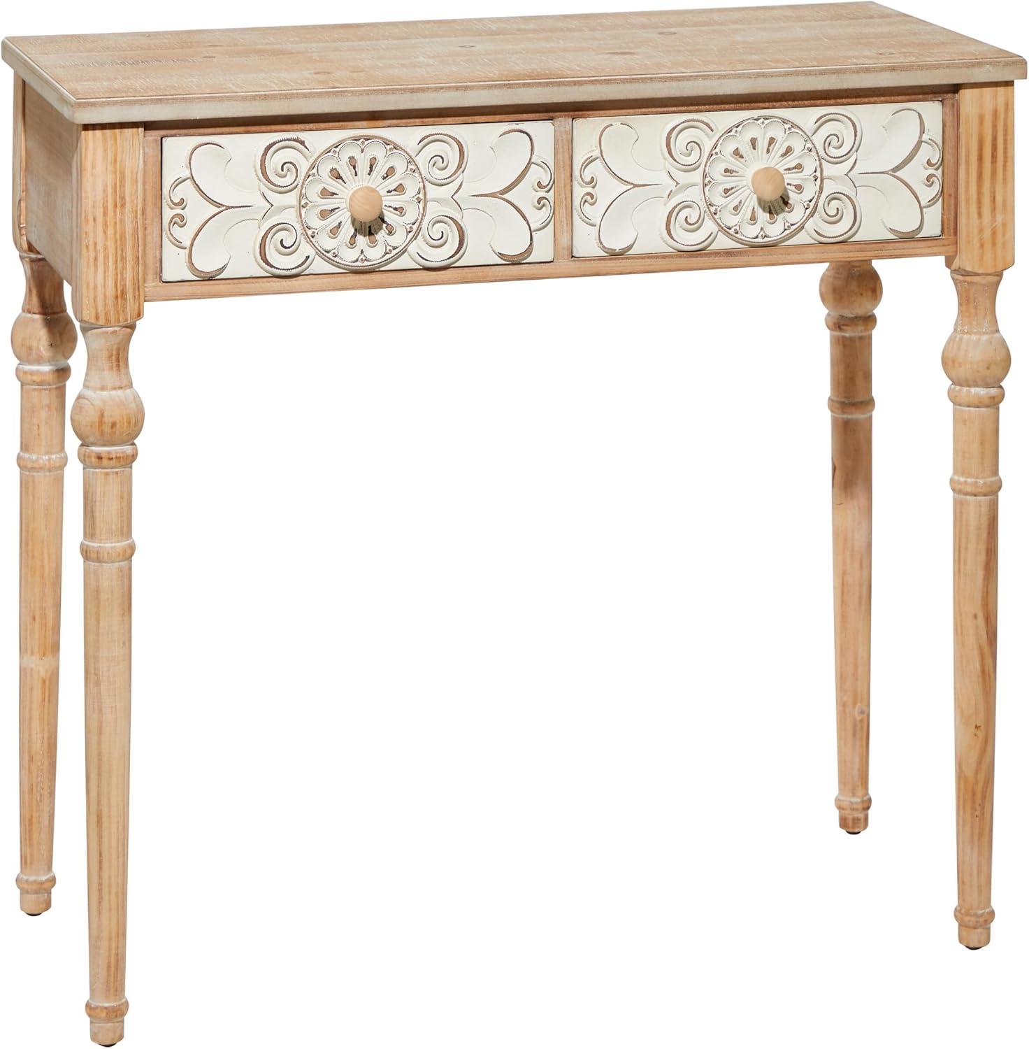 Elegant Farmhouse Brown Wood and Glass Console Table with Carved Floral Drawers