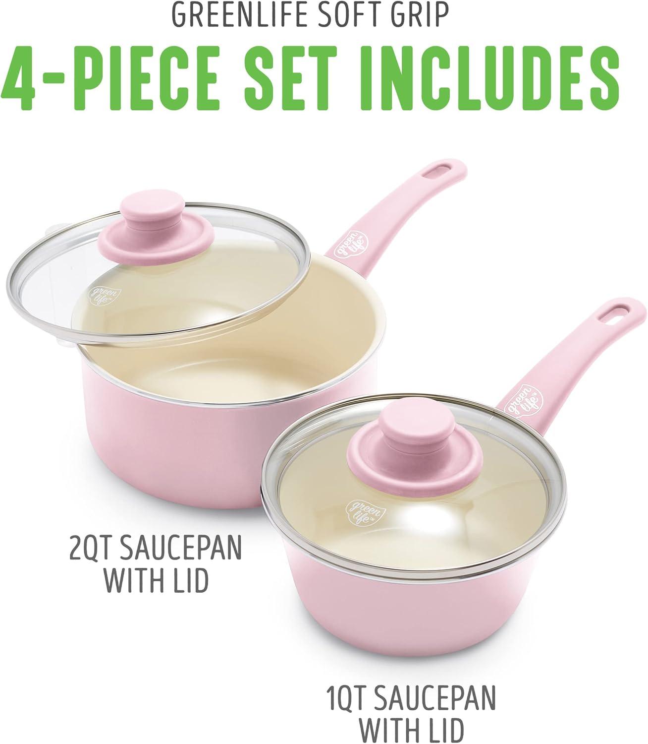 GreenLife Soft Grip Healthy Ceramic Nonstick, 1QT And 2QT Saucepan Pot Set With Lids, Dishwasher Safe