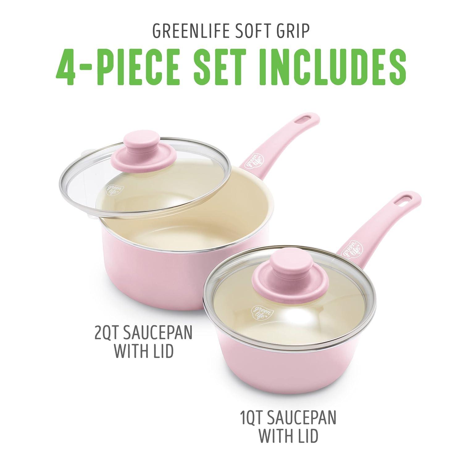 GreenLife GreenLife Soft Grip Healthy Ceramic Nonstick, 1QT And 2QT Saucepan Pot Set With Lids, Dishwasher Safe