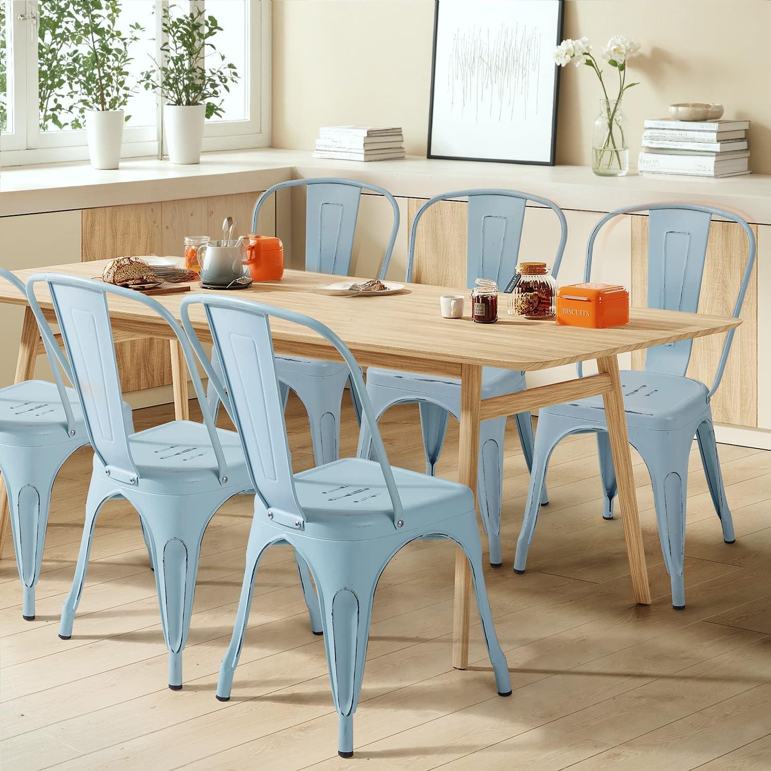 Furmax Metal Dining Chair Indoor Outdoor Use Stackable Chic Side Classic Trattoria Metal Chairs Set of 4 for Kitchen, Dining Room, Bistro and Cafe (Distressed White)