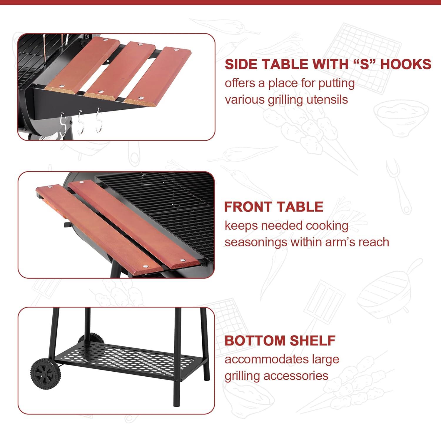 Royal Gourmet 30" Barrel Charcoal Grill with Smoker and Side Table