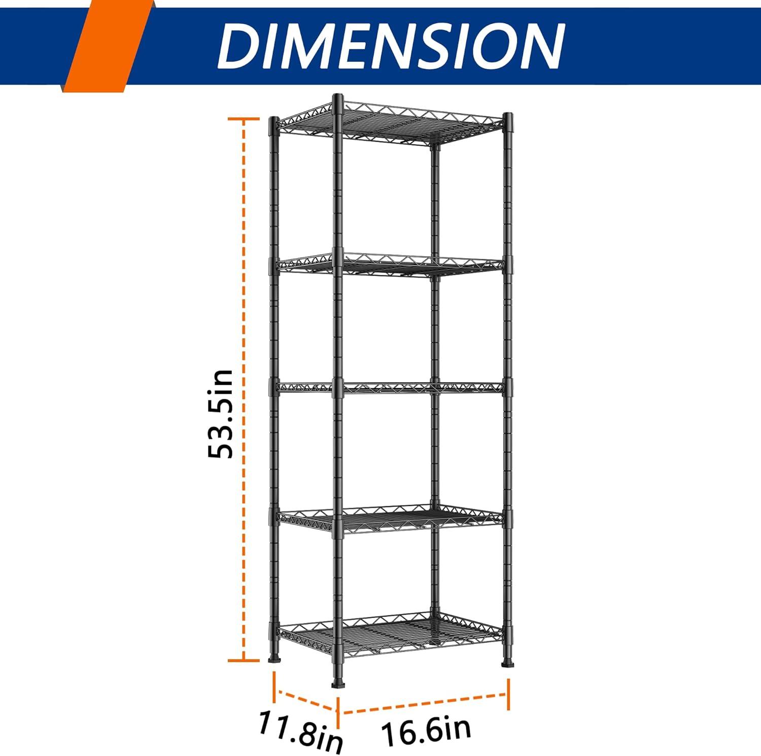 Black Powder-Coated 5-Tier Adjustable Metal Wire Shelving Unit