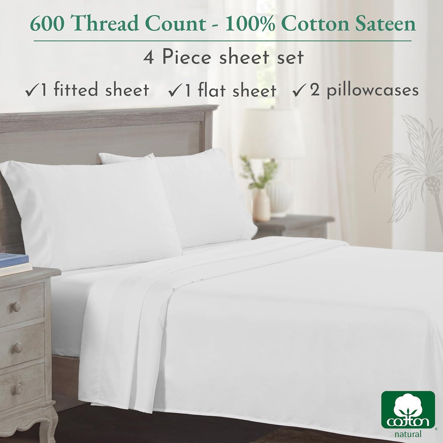 5-Star Luxury Sheet Set | 600 Thread Count 100% Cotton Sateen | Soft & Crisp Bed Sheets with Deep Pockets by California Design Den