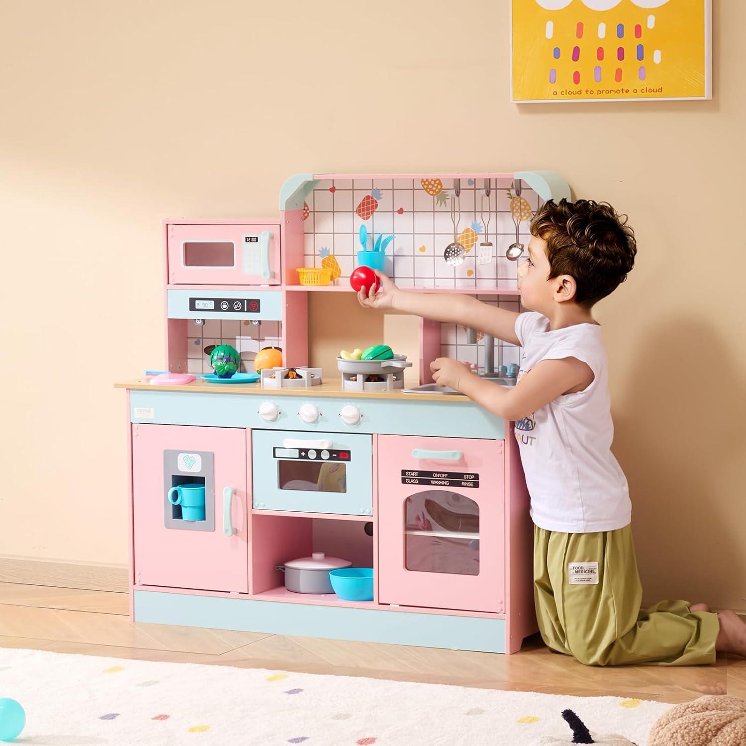 VEVOR Play Kitchen for Kids, Wooden Toy Kitchen Set with Lights and Sounds, Toddler Kitchen with Ice Maker, Oven, Sink, Microwaves, Fridge and Utensil and Fruit Accessory for Toddlers ages 3-8, Pink