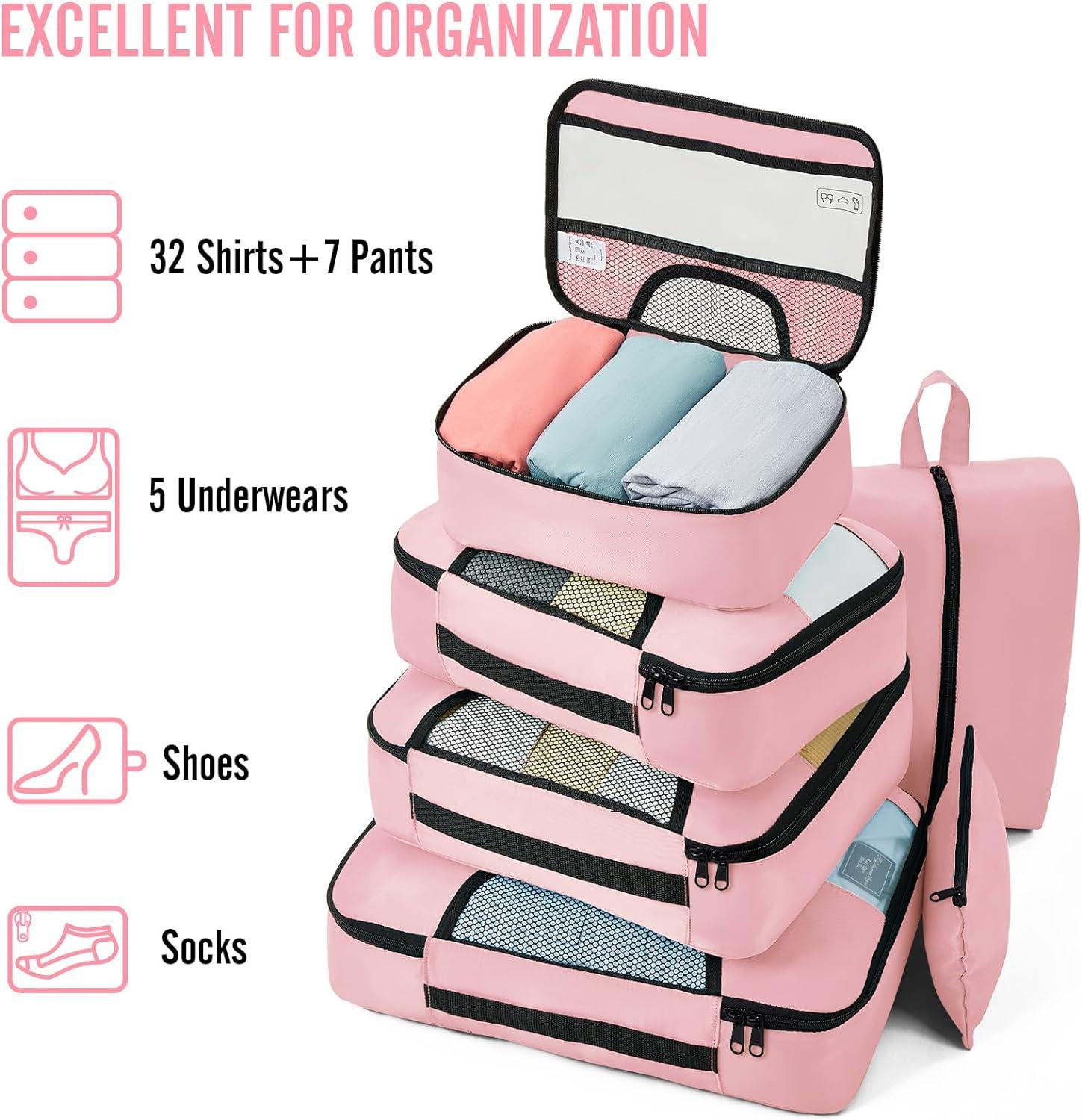 Veken 8 Set Packing Cubes for Travel Essentials, Suitcase Organizer Bags Set for Luggage, Road Trip Travel Accessories in 4 Sizes (Extra Large, Large, Medium, Small), Pink