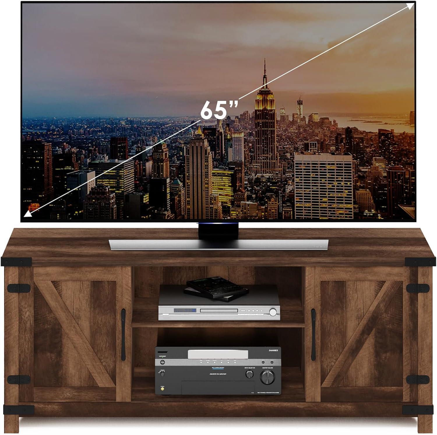 Furinno Jensen Farmhouse TV Cabinet with Barn Door for TV up to 70 Inch, Rustic Brown