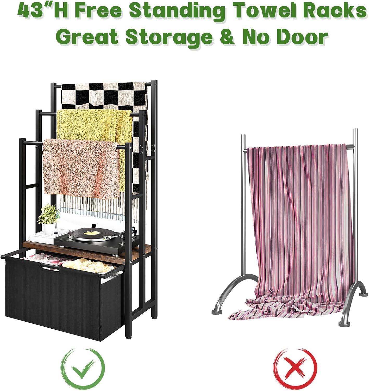 Freestanding Towel Rack With Drawers, SDXYSTCE 3 Tiers Standing Blanket Racks For Bedroom, 23.6" L X 11.8" W X 43.3" H, Blanket Holder With Shelf, Upgrade Steady Design,