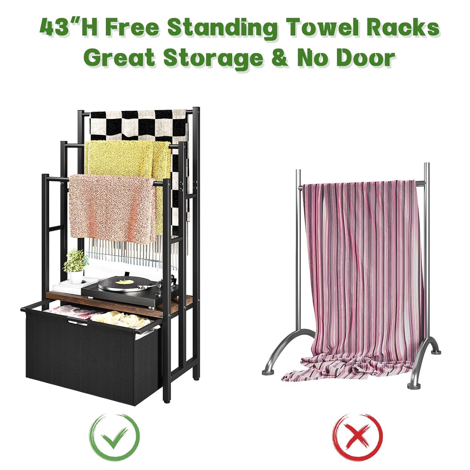 Freestanding Towel Rack With Drawers, SDXYSTCE 3 Tiers Standing Blanket Racks For Bedroom, 23.6" L X 11.8" W X 43.3" H, Blanket Holder With Shelf, Upgrade Steady Design,