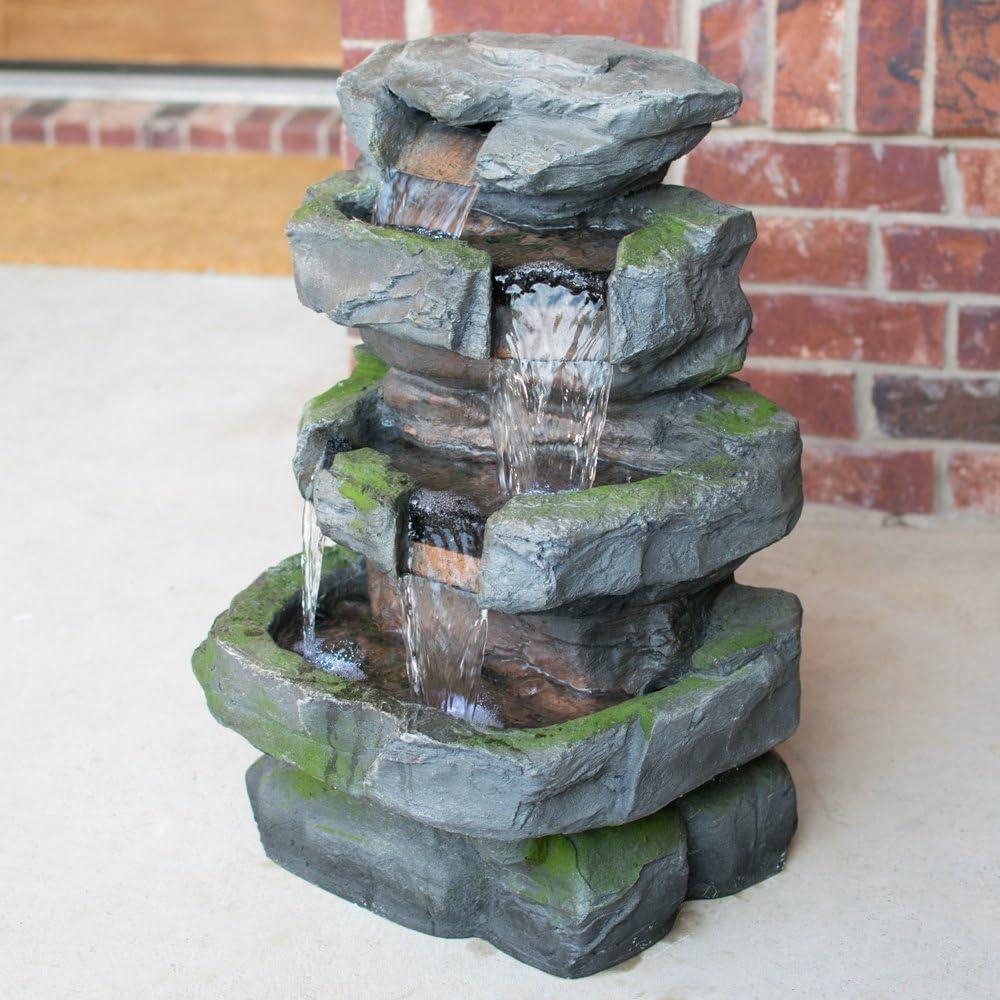 Moss Covered Gray Resin Rock Fountain with LED Lights