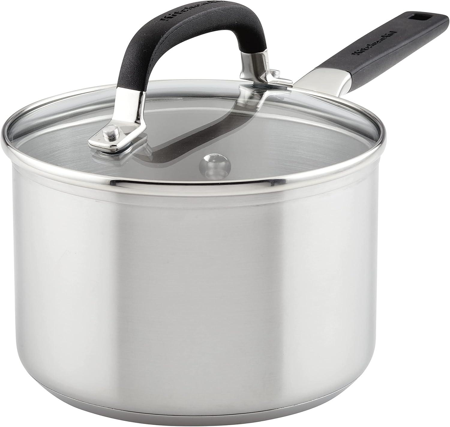 KitchenAid Stainless Steel Induction Sauce Pan with Measuring Marks and Lid, 2 Quart