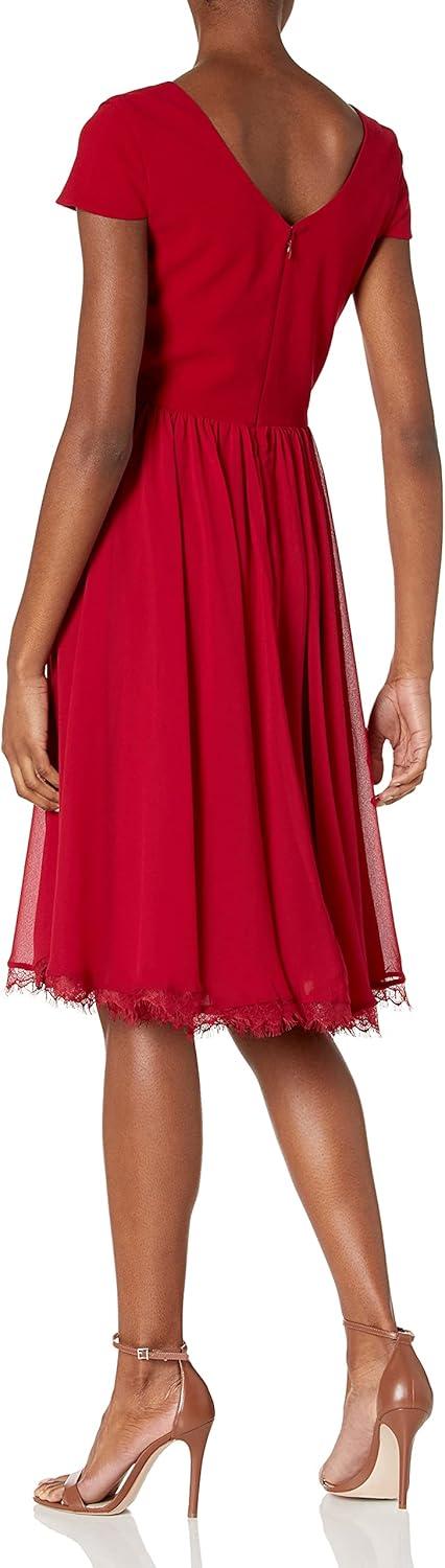 Garnet Red V-neck Midi Dress with Lace Hem