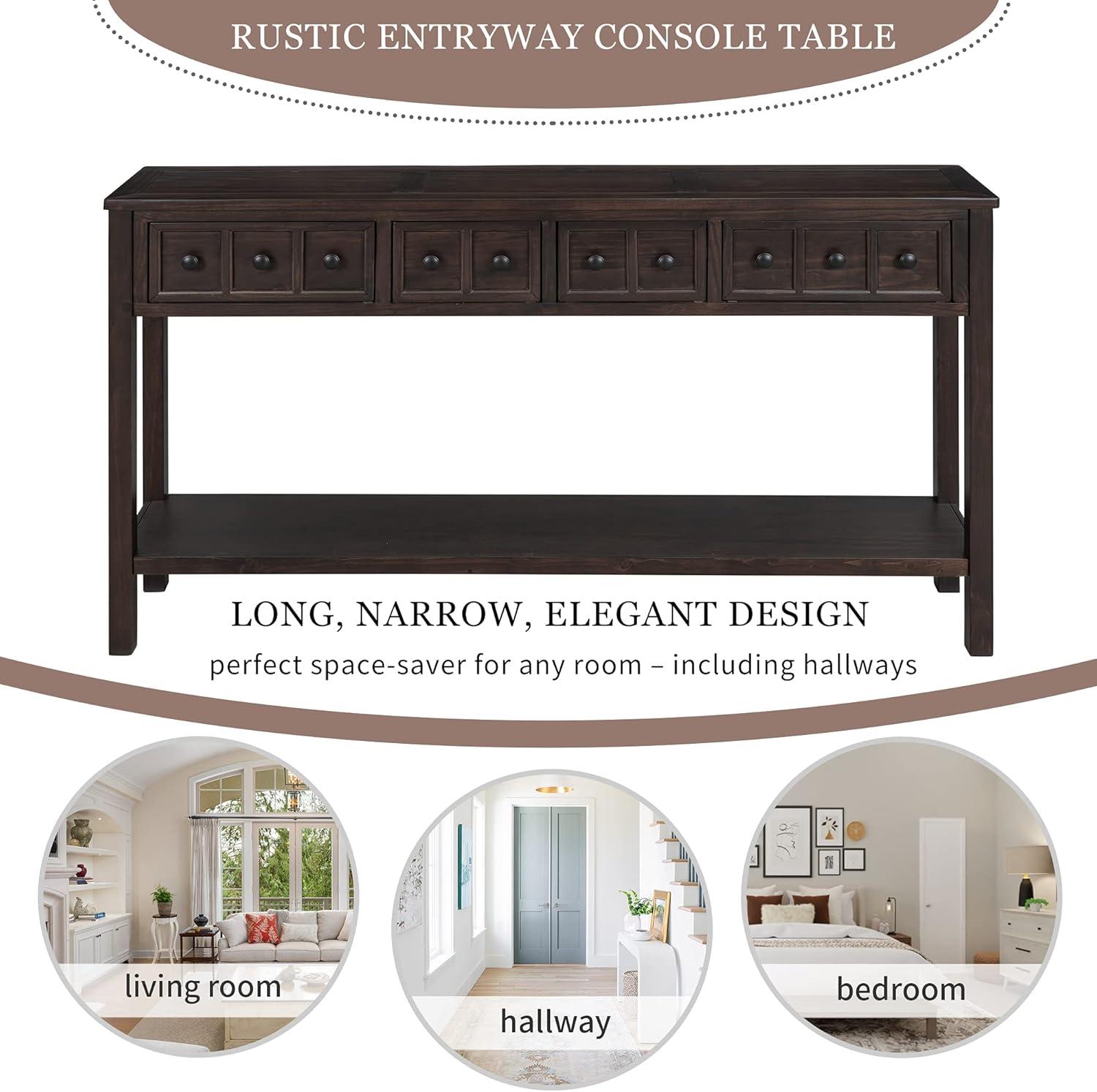 Rustic Entryway Console Table, 60" Sofa Table with Two Different Size Drawers and Bottom Shelf, Espresso-ModernLuxe
