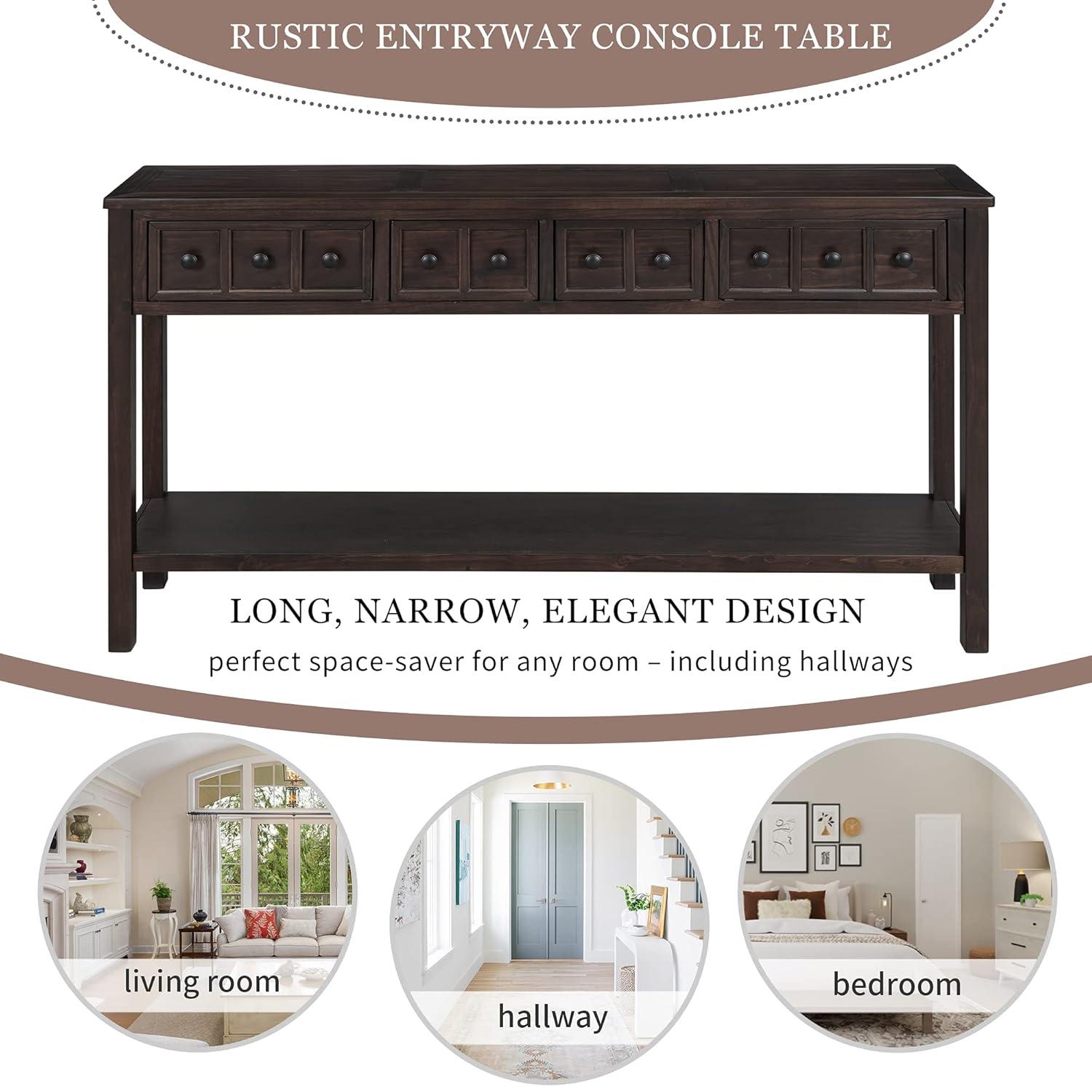 Rustic Entryway Console Table, 60" Sofa Table with Two Different Size Drawers and Bottom Shelf, Espresso-ModernLuxe