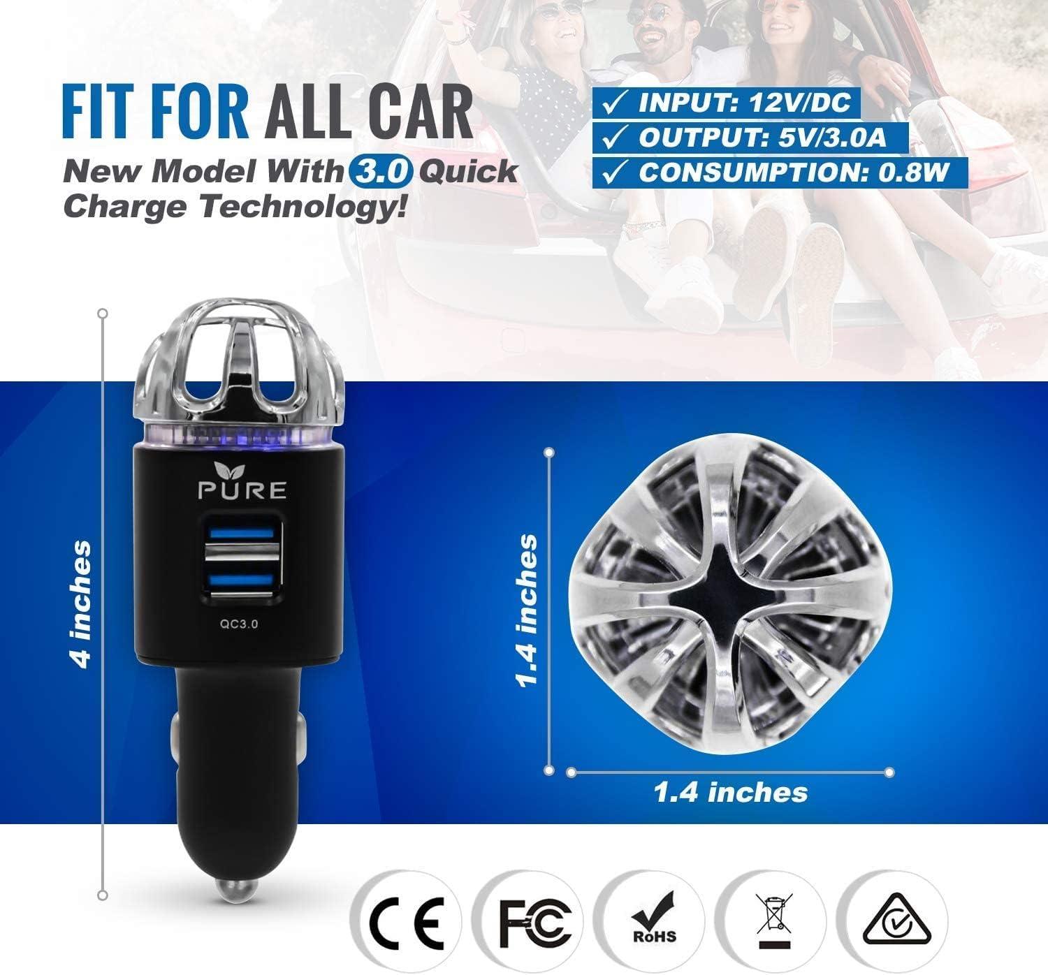 Car Air Purifier Premium Air Ionizer & Car Charger Accessory w/Dual USB Ports - Quick Charge 3.0 - Eliminate Allergens Bad Odor Smell Smoke Pollen Mold Bacteria Viruses - Deodorizer (BLACK)