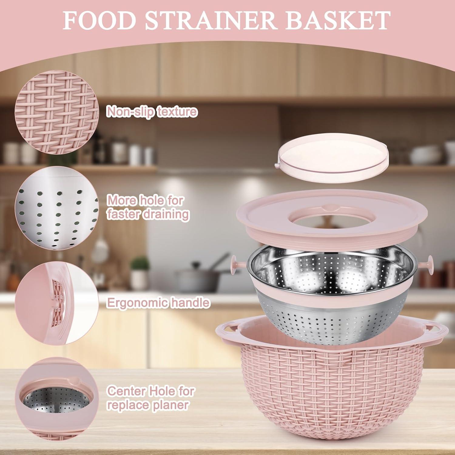 Pink 4-in-1 Stainless Steel Colander with Plastic Mixing Bowl Set