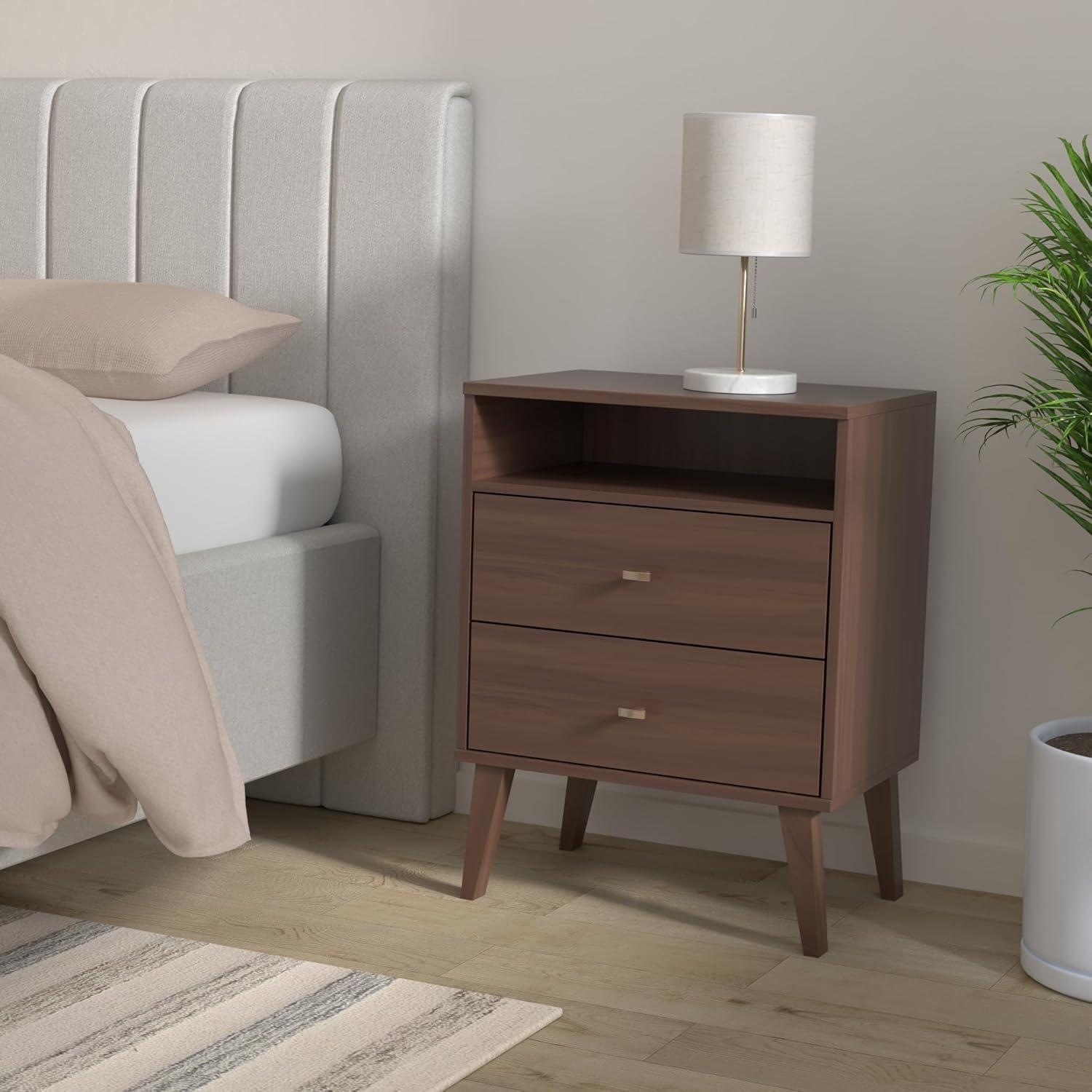 Prepac Milo Mid-Century Modern 2 Drawers Tall Nightstand with Shelf Cherry: Laminated, MDF, Metal Hardware