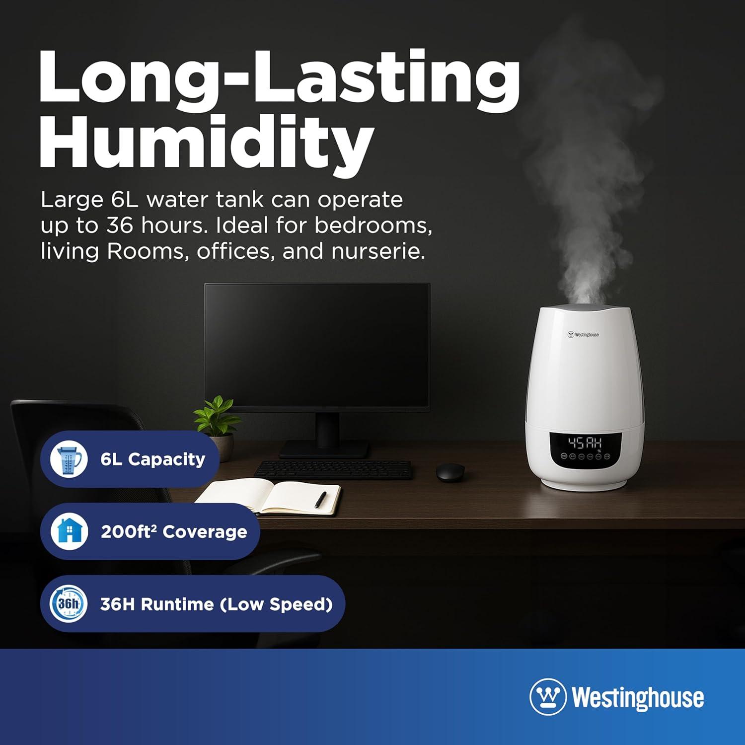 Westinghouse Digital Cool Mist Ultrasonic Humidifier, 6L Air Humidifier and Essential Oil Diffuser, Adjustable Mist Volume and Humidity Control