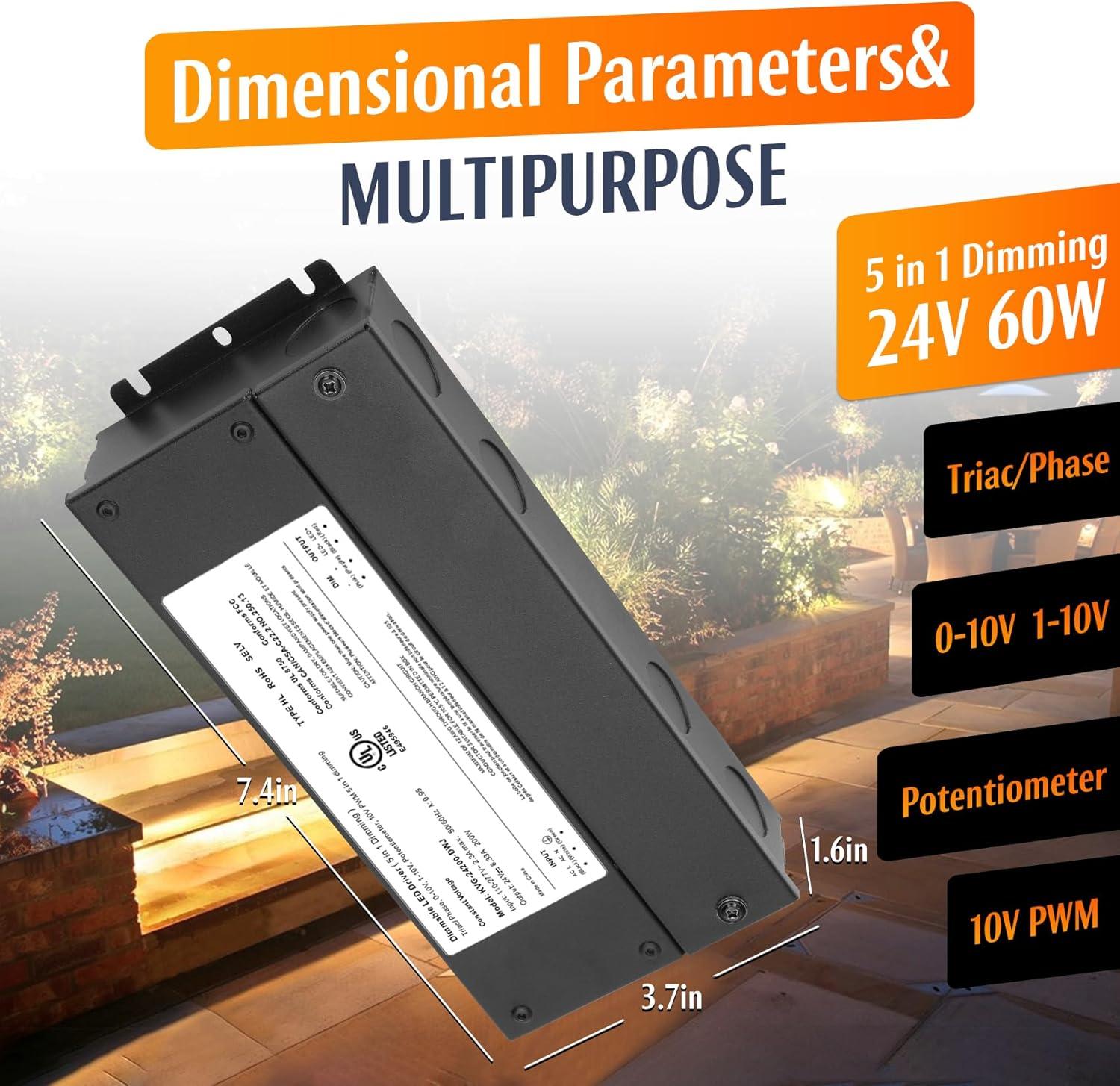 60W Dimmable LED Driver 24V, AC to DC Triac Dimmable Transformer Power Supply, Dimming LED Driver, Compatible with lutron and leviton Dimmer, TRIAC/Phase/0-10V /1-10V/Potentiometer/10V PWM UL Listed