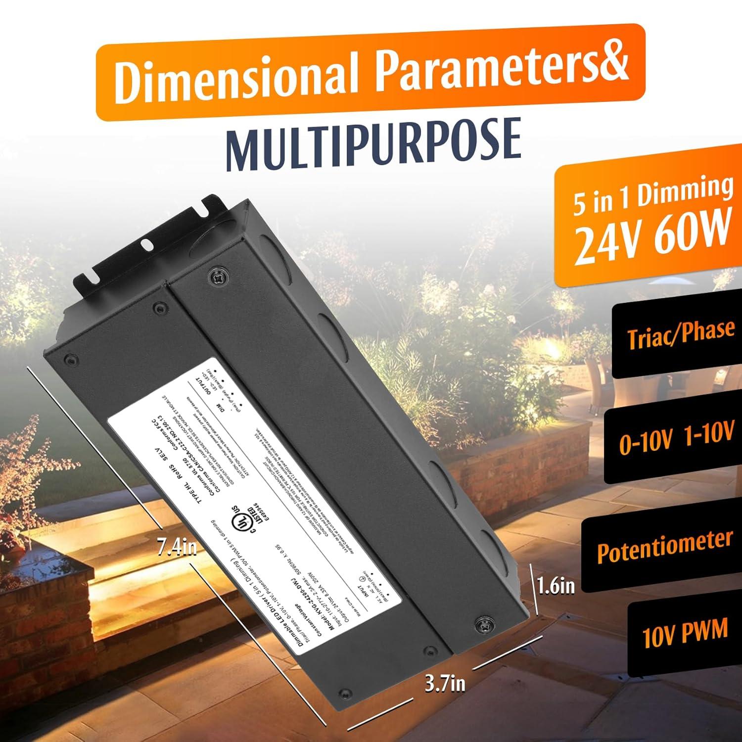 60W Dimmable LED Driver 24V, AC to DC Triac Dimmable Transformer Power Supply, Dimming LED Driver, Compatible with lutron and leviton Dimmer, TRIAC/Phase/0-10V /1-10V/Potentiometer/10V PWM UL Listed