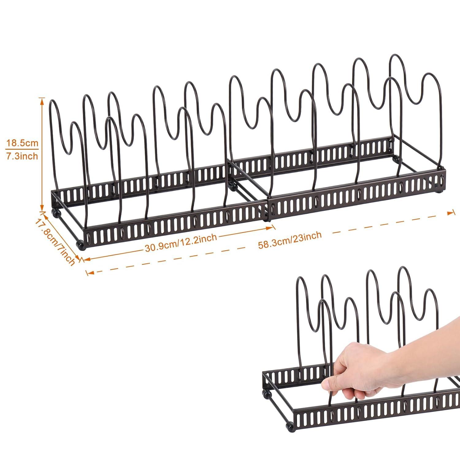 Toplife Pots and Pans Organizer Rack for Cabinet and Countertop, 10+ Pot Lids, Bakeware and Cookware Organizer Rack Holder with 10 Adjustable Compartments - Brown
