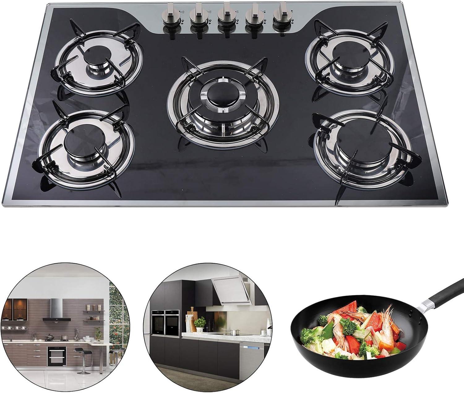 30"  Gas Stove Cooktop, 5 Burners Built-in Tempered Glass LPG/NG Stove with Flameout Protection for Kitchen Black