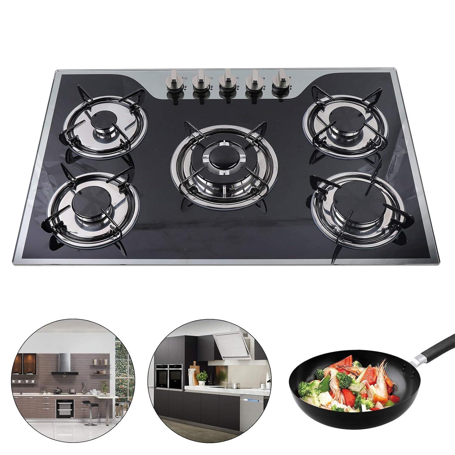 30"  Gas Stove Cooktop, 5 Burners Built-in Tempered Glass LPG/NG Stove with Flameout Protection for Kitchen Black