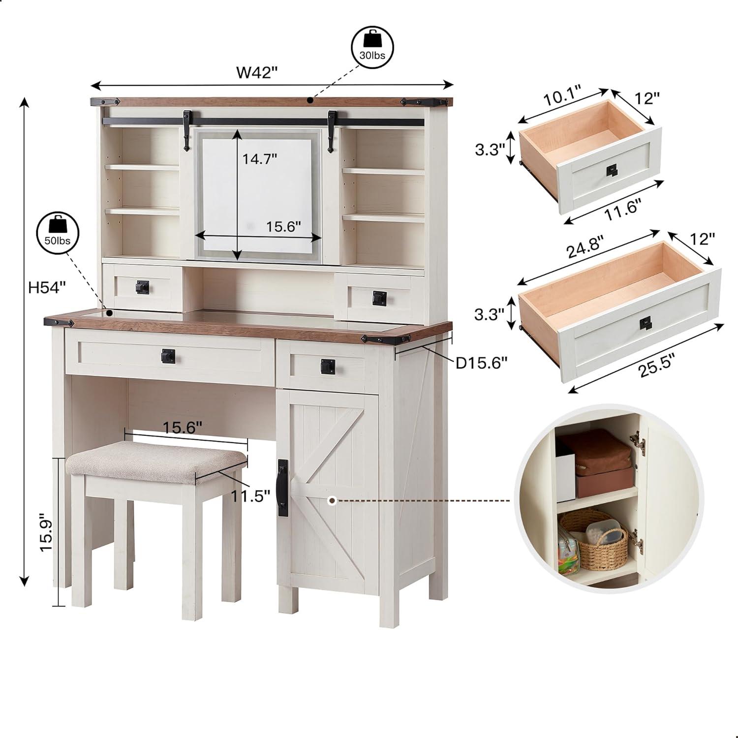 OKD Farmhouse Rustic Makeup Vanity Desk with Sliding Mirror and Lights, Glass Top Vanity Set with Charging Station, 4 Drawers & 1 Cabinet, Includes Stool - Big Vanity for Bedroom, Light Rustic Oak