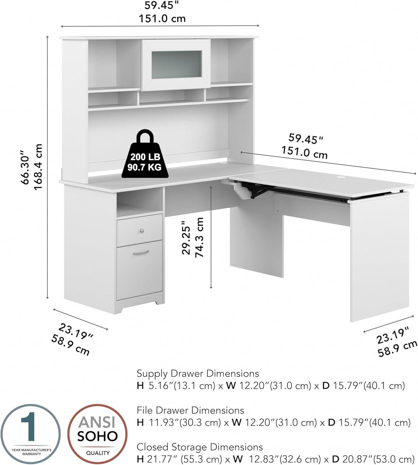 Cabot 60W Sit to Stand L Desk with Hutch in White - Engineered Wood