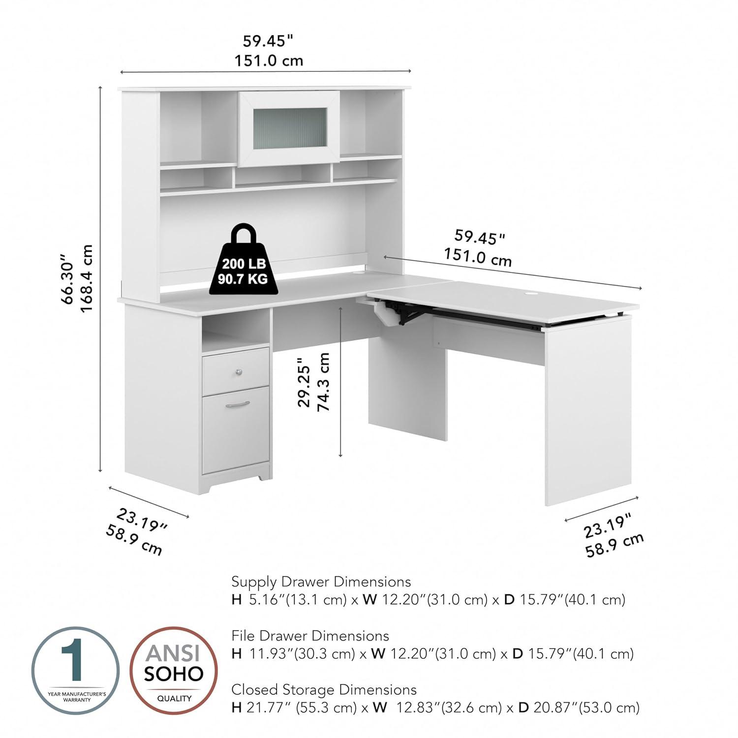 Cabot 60W Sit to Stand L Desk with Hutch in White - Engineered Wood