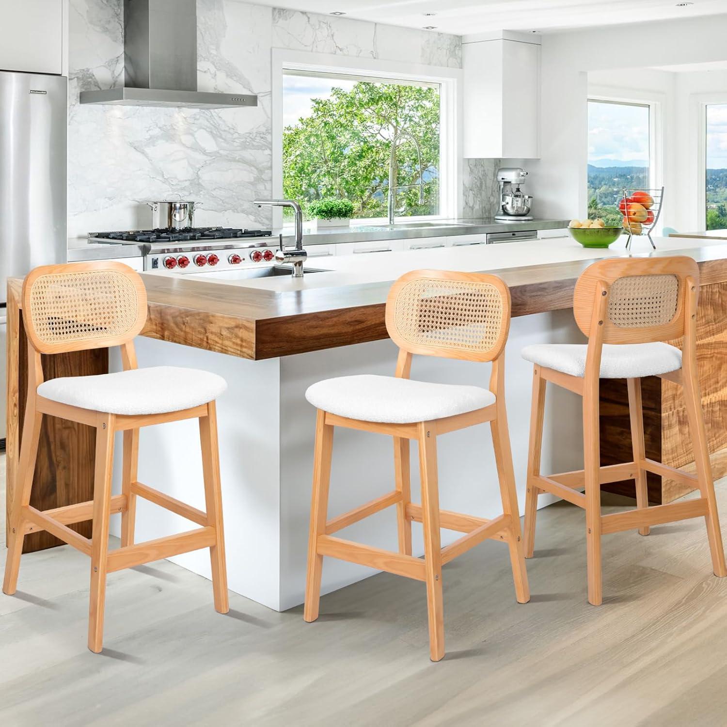 Lucky Monet 25.2" Upholstered Wood Counter Height Bar Stools w/ Rattan Back - 36.81"H x 17.72"W x 18.7"D Set of 3 - White Boucle Fabric/ Natural Frame