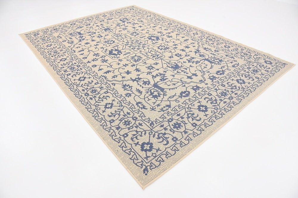 Beige and Blue Abstract Outdoor Synthetic Area Rug 7'x10'