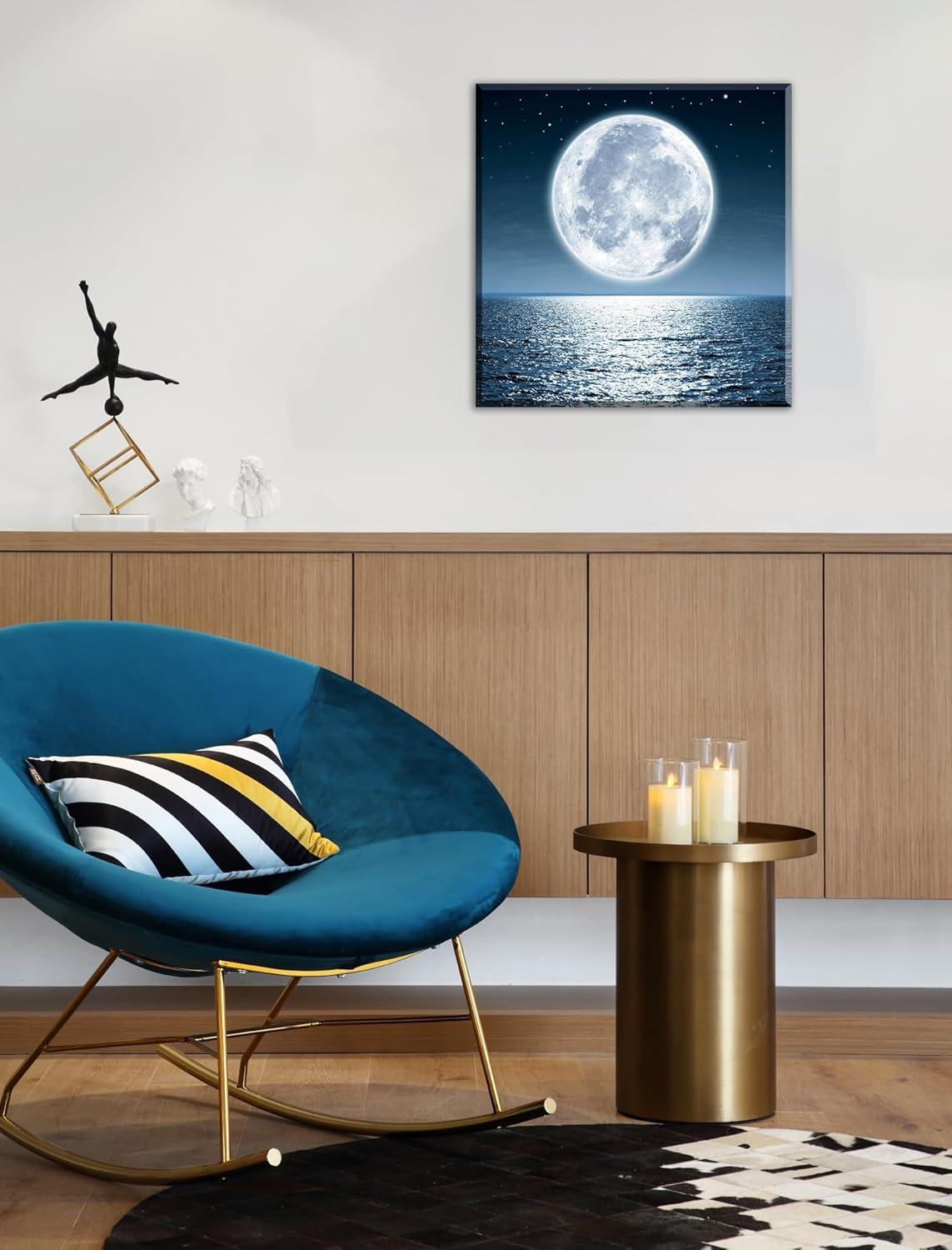 JEUXUS Moon Painting Canvas Wall Art - Moonrise On Sea Ocean Framed Pictures for Living Room Decorations  Home Office Modern Landscape Poster Nature Print Ready to Hang Bedroom Bathroom Artwork