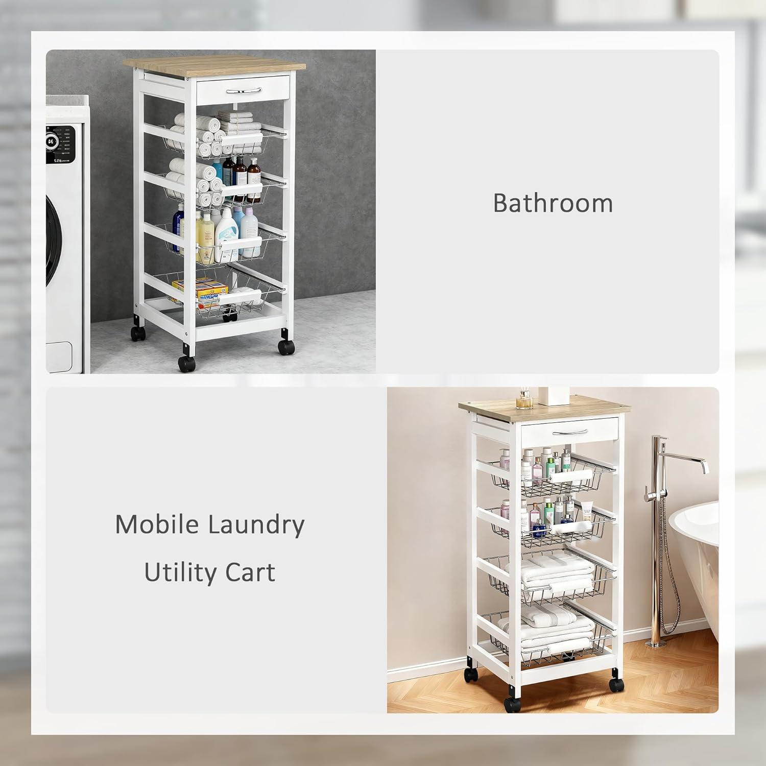 HOMCOM 32.25" Wooden Rolling Kitchen Storage Cart, Trolley Cart on 360° Swivel Wheels with Storage Drawer, Gray
