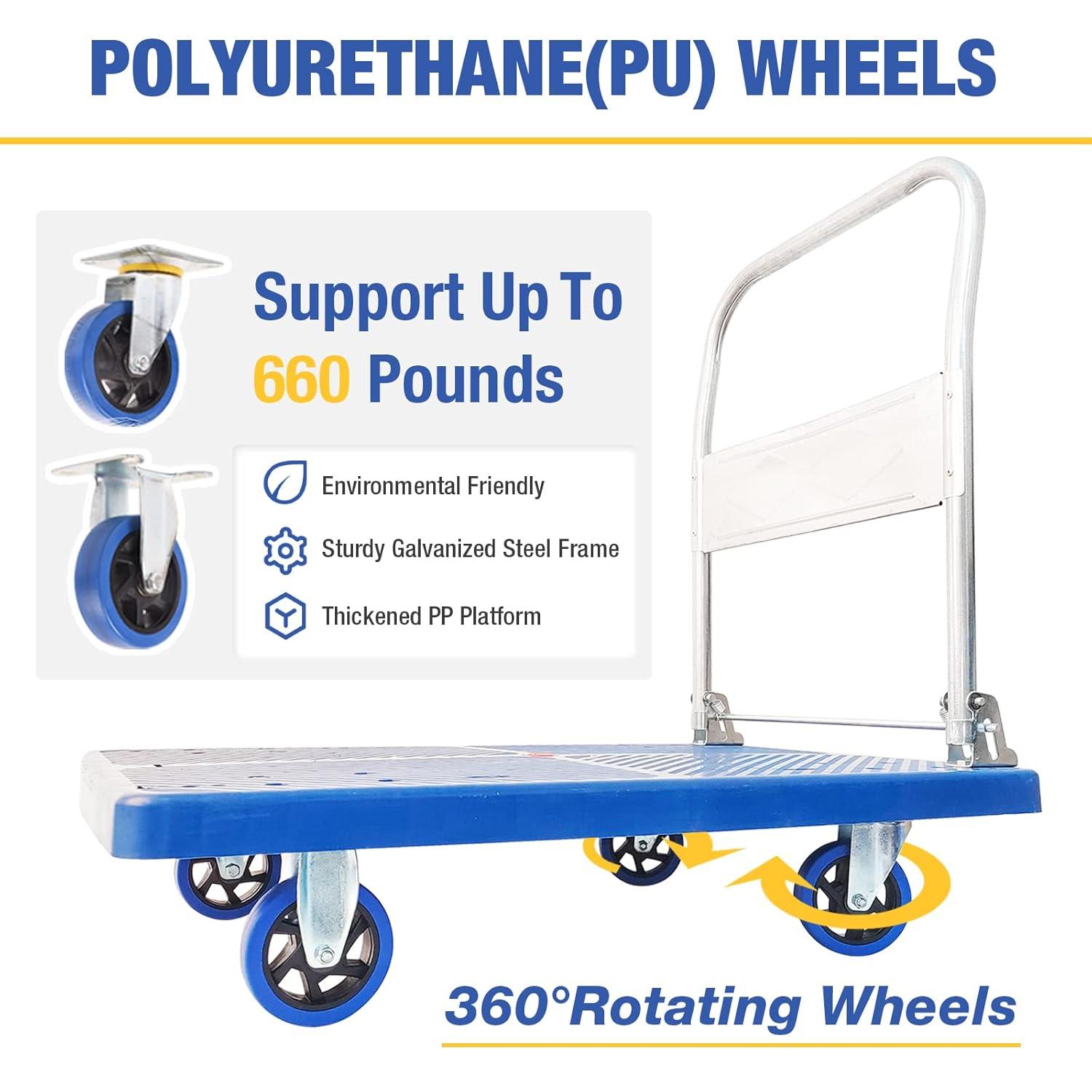 Push Cart Dolly 660 lbs. Capacity Platform Truck Foldable Platform Cart Upgraded Heavy Duty Moving Cart with PU Wheels for Home Garden Warehouse Garage Workshops