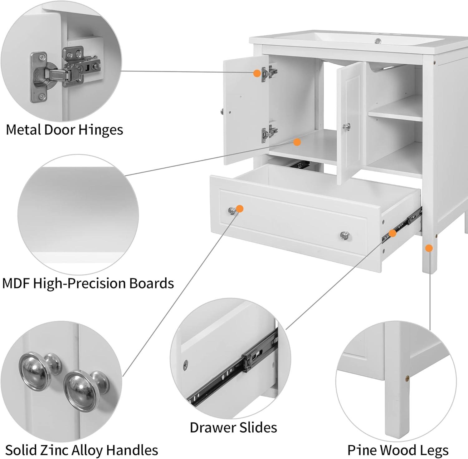 White 30" Freestanding Bathroom Vanity with Ceramic Sink and Storage