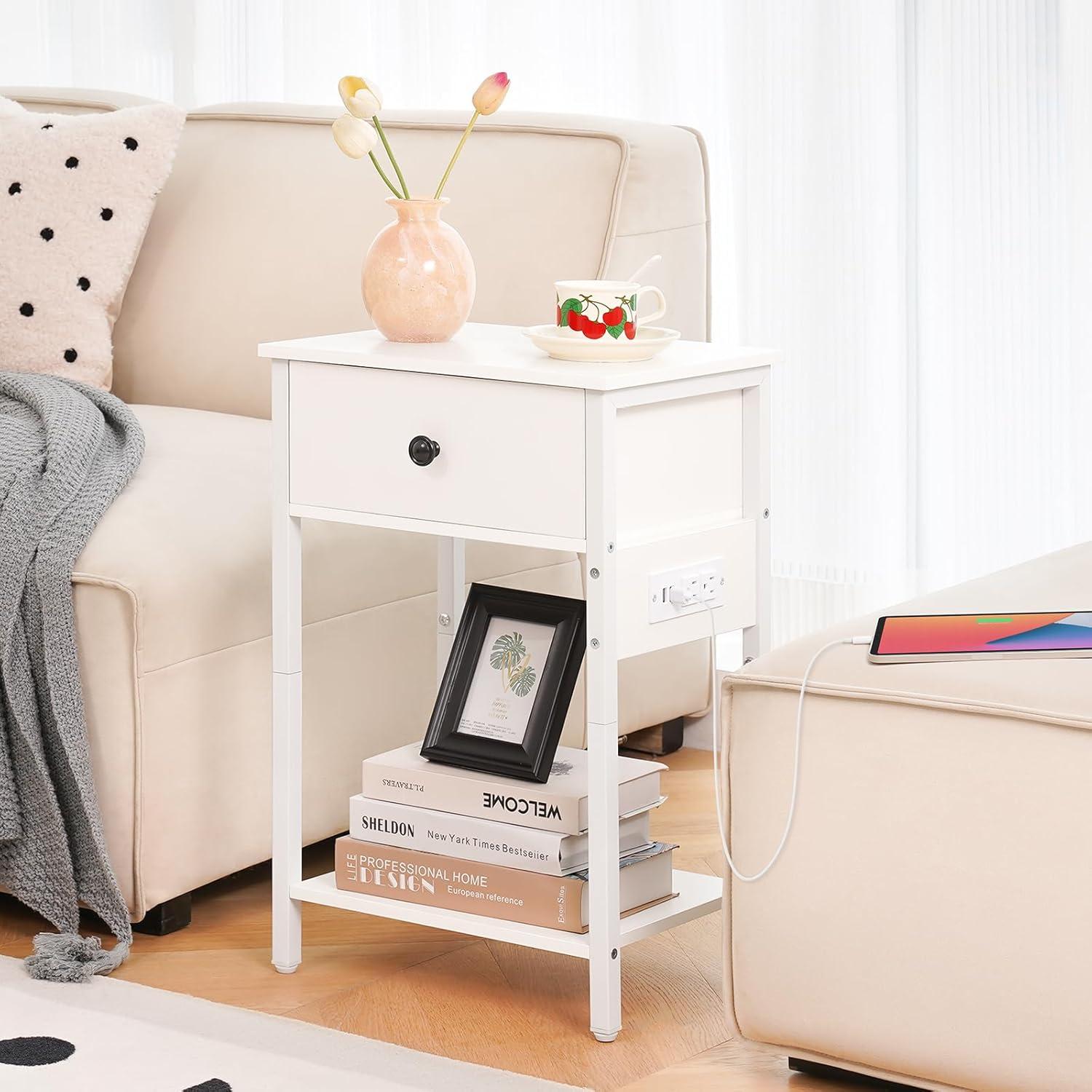 Yoobure Nightstand with Charging Station, Bedside Tables with Large Drawer and Storage Shelf, Bed Side Table/Night Stand with USB Ports & Outlets, Industrial Side Table End Table for Bedroom, White