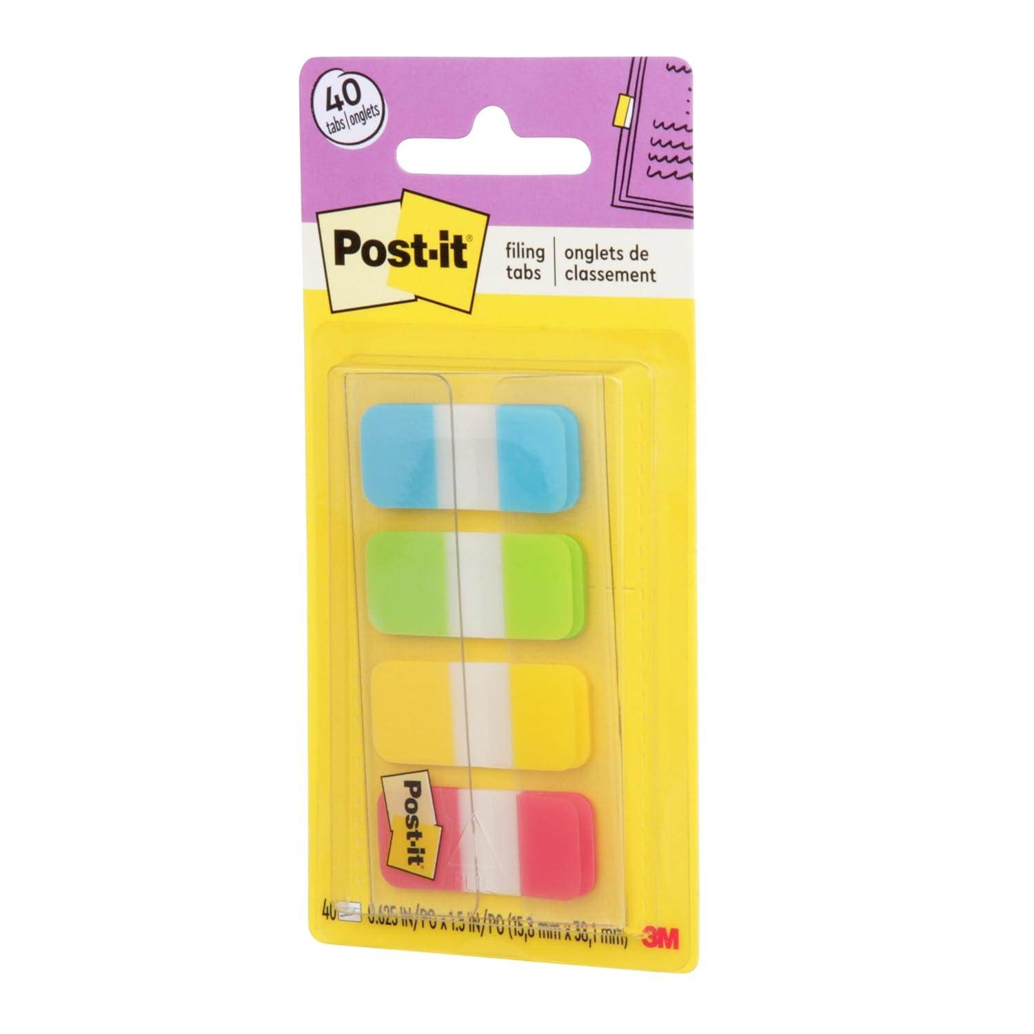 Post-it Tabs, .625", Aqua, Lime, Yellow, Red, 10/Color, 40/Dispenser
