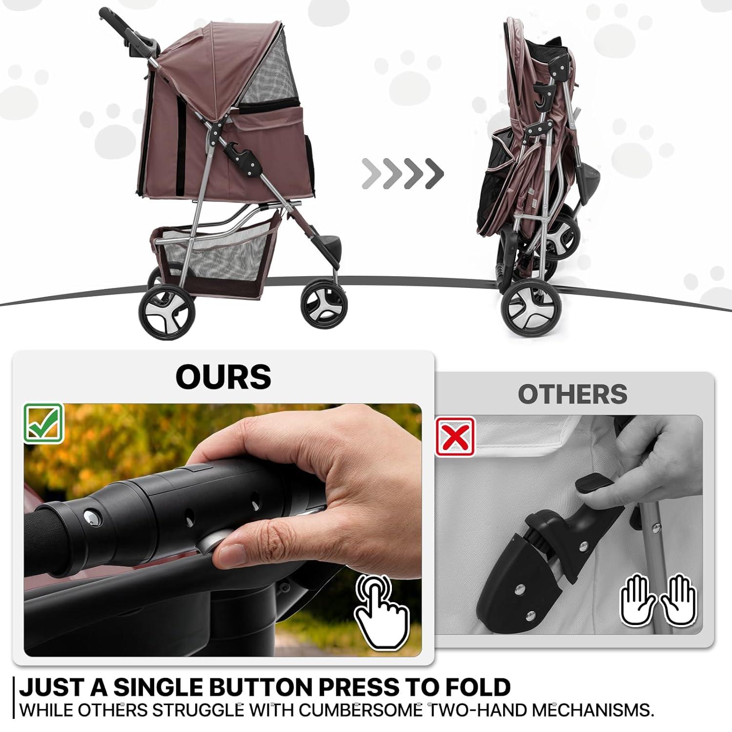 3 Wheel Folding Pet Stroller, Foldable Dog Jogger Stroller with Storage Basket, Cup Holder & Canopy