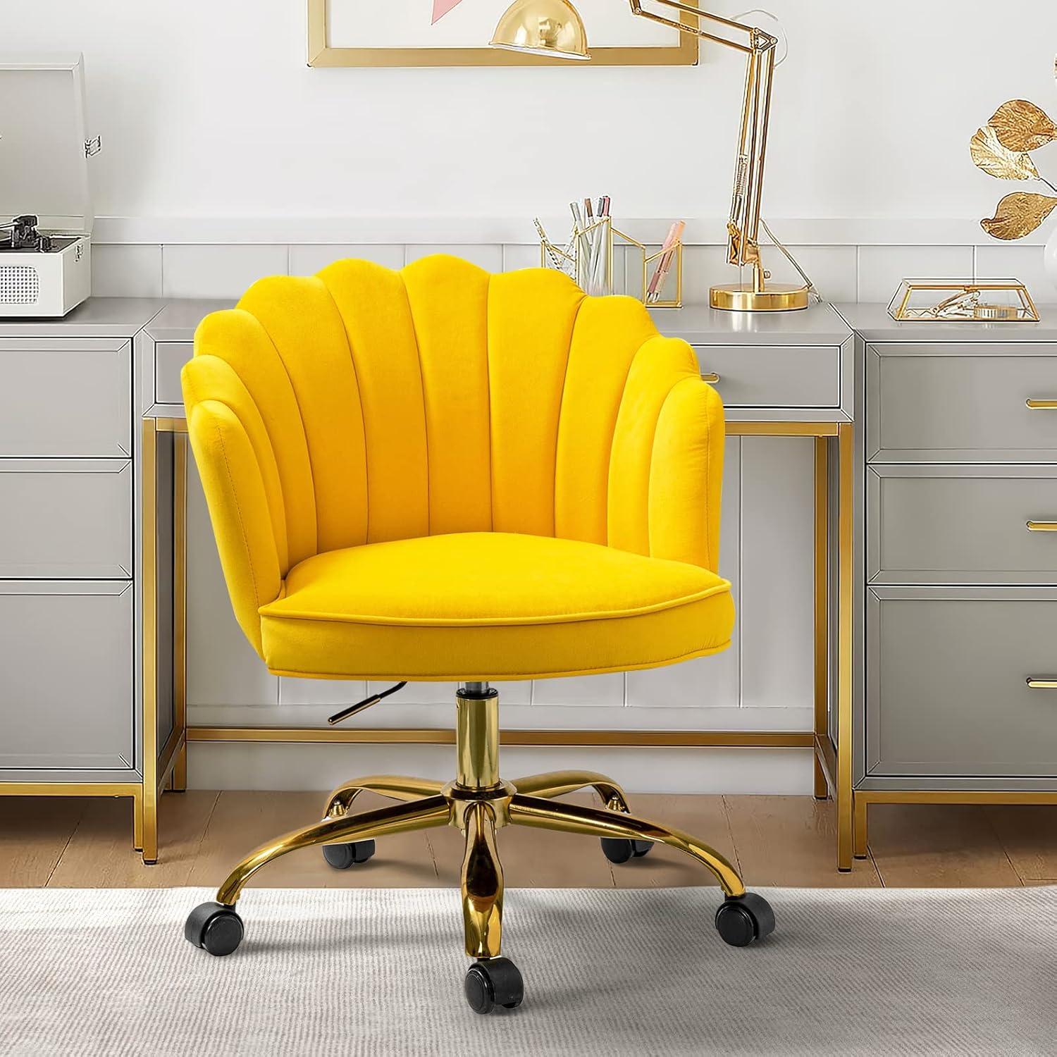 Yellow Velvet Swivel Task Chair with Gold Metal Base