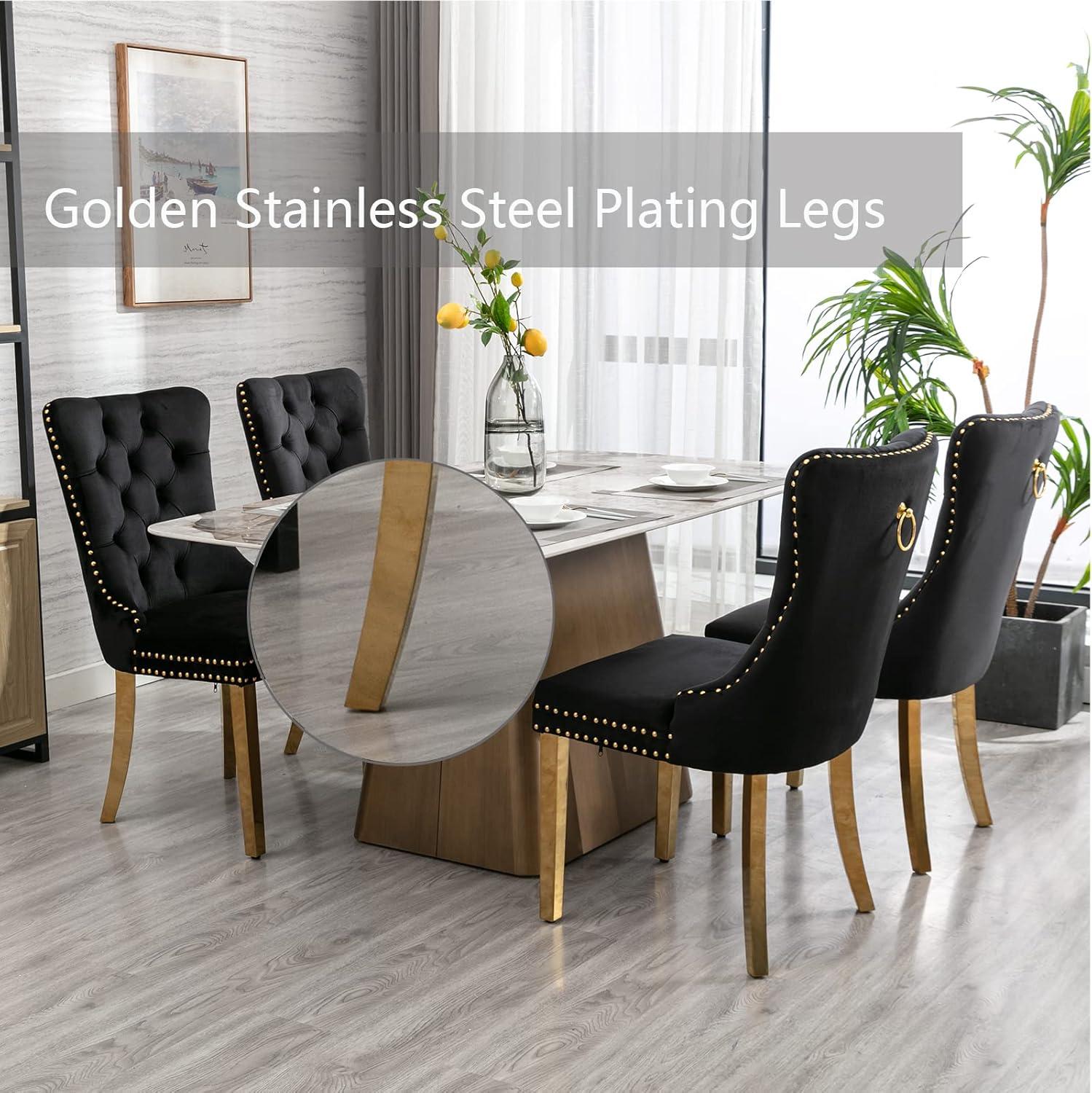 ODUSE-DAILY Black Velvet Dining Chairs Set of 4, Kitchen & Dining Room Chairs, Nailheads Tufted, Sillas De Comedor, Fabric Upholstered, Golden Metal Legs (Black, 4 Pcs)