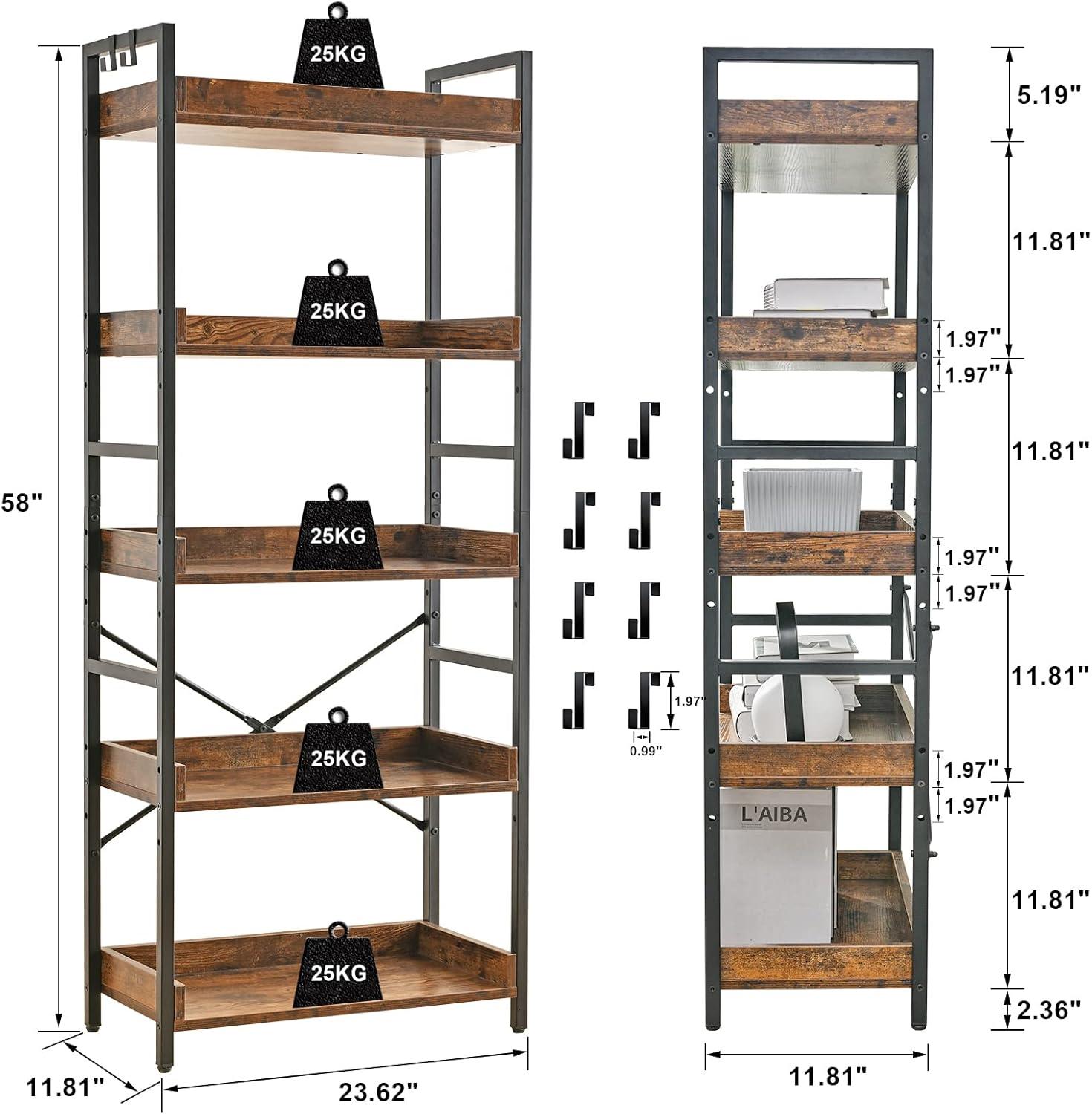 Adjustable Black Metal and Wood 5-Tier Bookshelf